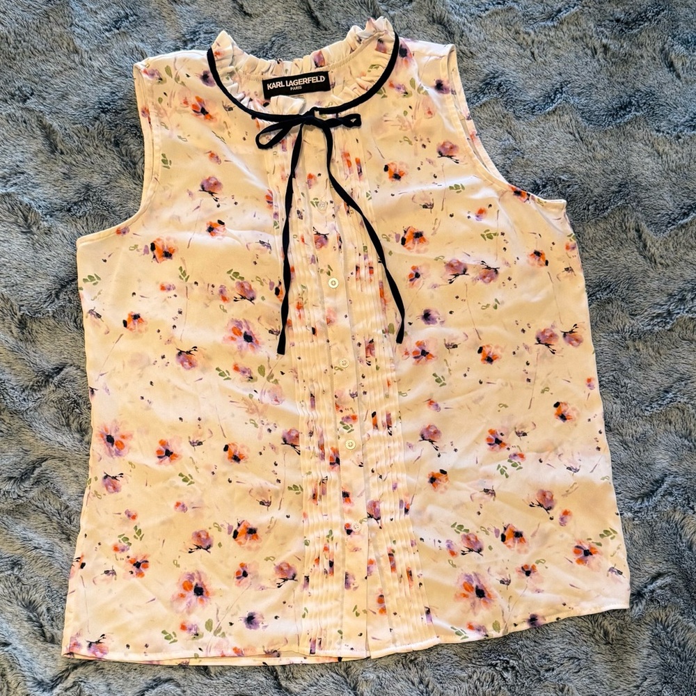 Karl Lagerfeld | Floral Sleeveless Tie-Neck Top | Size Large